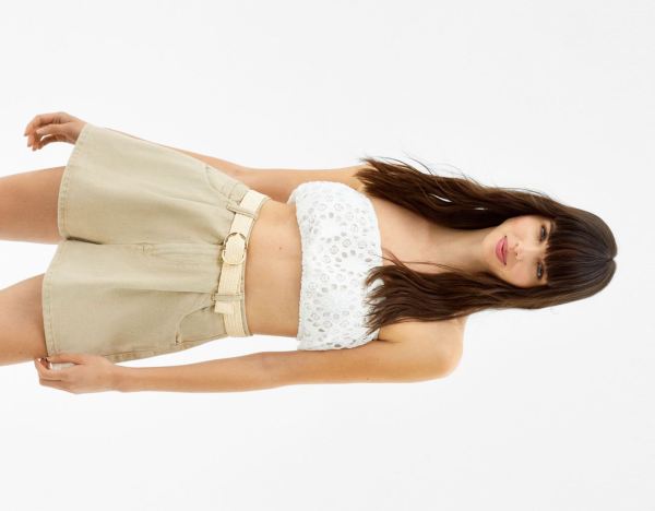 Beige Women's Bershka Flared Twill Shorts | mMdkc8wvPlg