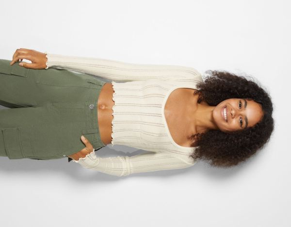 Beige Women's Bershka Long Sleeve Curly Cropped T Shirts | gGYXBTloXe1