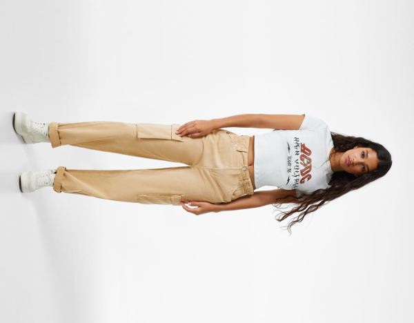 Beige Women's Bershka Twill Cargo With Gathered Waist Pants | UxacZ6sH3rf