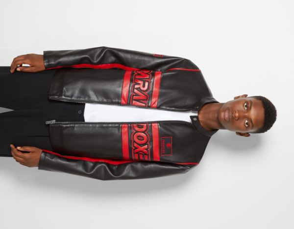 Black Men's Bershka Faux Leather Racing Biker Jackets | gUEaNwT5cwQ