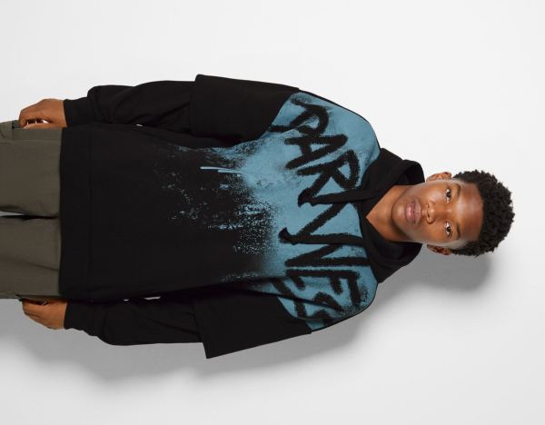 Black Men's Bershka Printed Oversize Hoodie With Double Sleeves Tracksuits | Wjn43QqCEBS