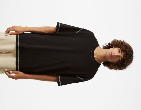 Black Men's Bershka Regular Fit Short Sleeve With Contrasting Thread T Shirts | s6hiVmLkeSL