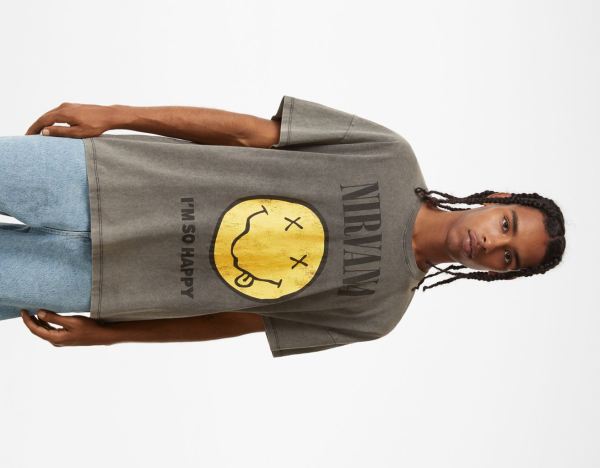 Black Men's Bershka Short Sleeve Happy Face Nirvana Print T Shirts | jVlKauqpdZm