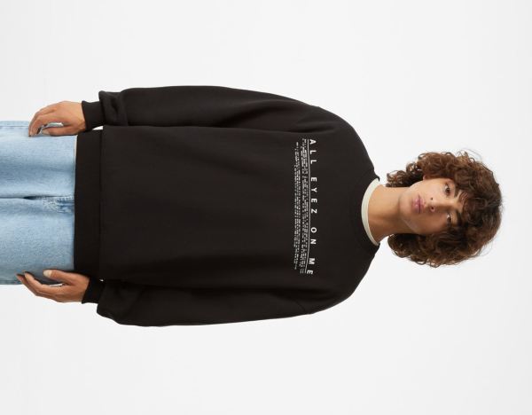 Black Men's Bershka Tupac Crew Neck Sweatshirts | 9NuCJaucVtg