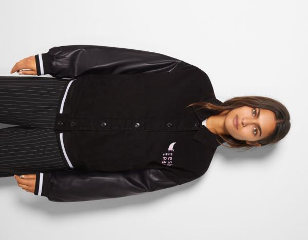 Black Women's Bershka College Bomber With Faux Leather Sleeves Jackets | 3bRkavel1Ys