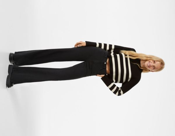 Black Women's Bershka Crew Neck Ribbed Striped Sweater Knitwear | pr1LWBivJ0s