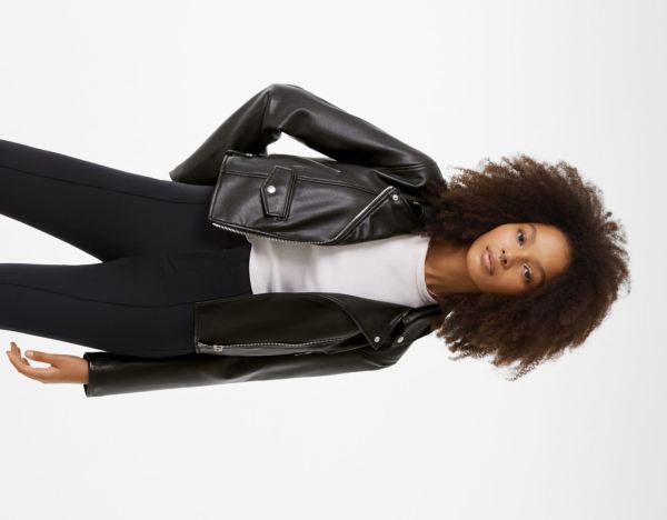 Black Women's Bershka Faux Leather Biker Jackets | 9WkTmZwLZxH