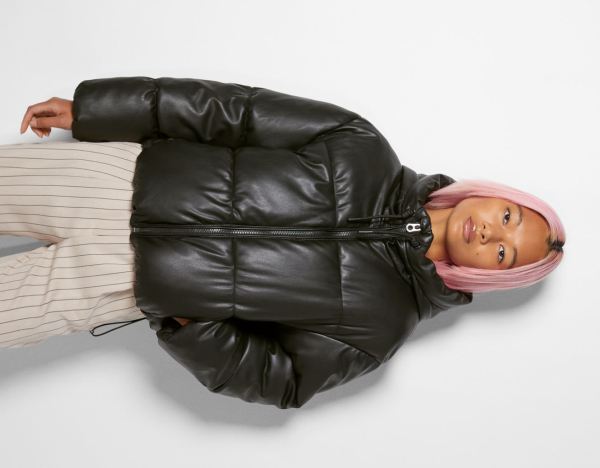 Black Women's Bershka Faux Leather Puffer With Hood Jackets | JV621XRplTX