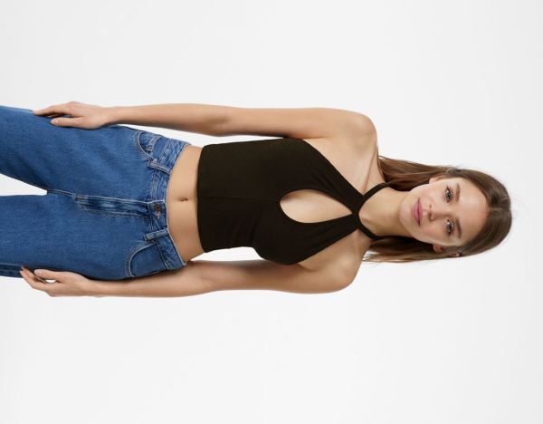 Black Women's Bershka Front Cut-out Strappy Tops | VAPOd23Vbte