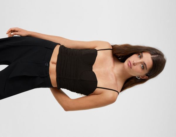 Black Women's Bershka Gathered Chiffon-effect Corset Tops | xVXBU3RtMeu