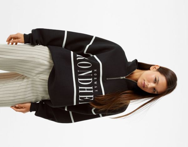 Black Women's Bershka High Neck Zipper With Print Sweatshirts | NpXrIGXqxkE