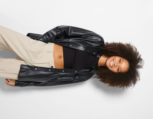 Black Women's Bershka Oversize Long Sleeve Faux Leather Shirts | ZW3zzjZJwgW