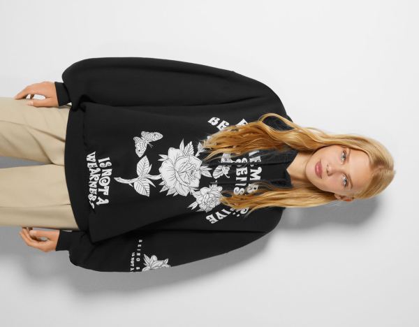 Black Women's Bershka Oversized With Print Hoodie | zacXVYILqr8