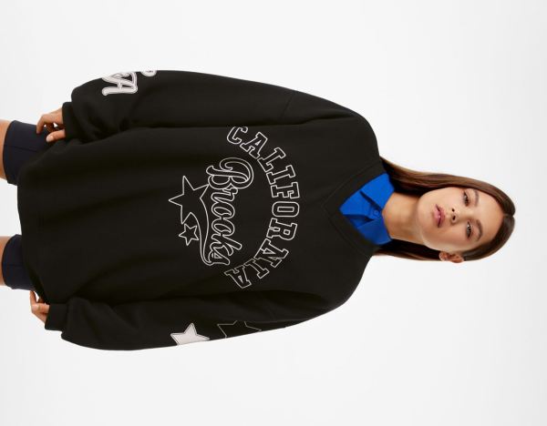 Black Women's Bershka Printed Oversize V-neck Sweatshirts | 5Fi97t7R0cx