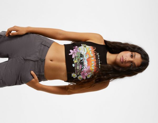 Black Women's Bershka Printed Tank Top With Open Back T Shirts | cMuTqV8kWjn