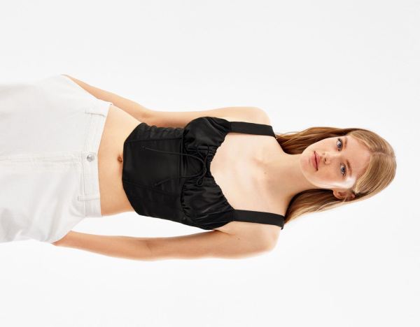 Black Women's Bershka Satin Corset With Wide Straps And Tie Tops | mcQhVCg9fjK