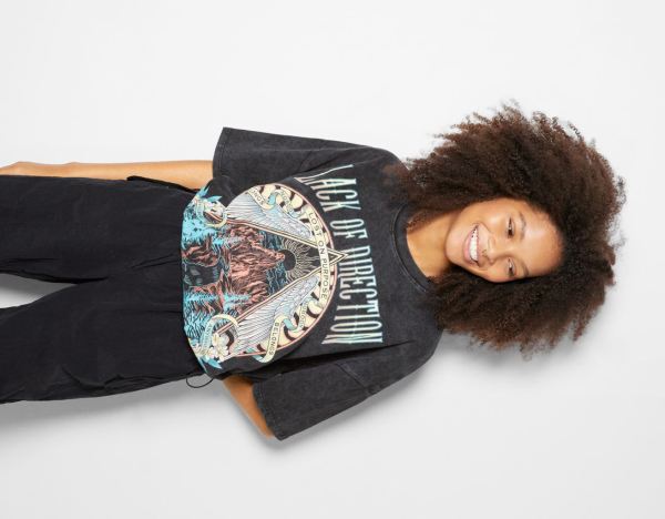 Black Women's Bershka Short Sleeve Faded Effect Print T Shirts | aHsFfrVskgE