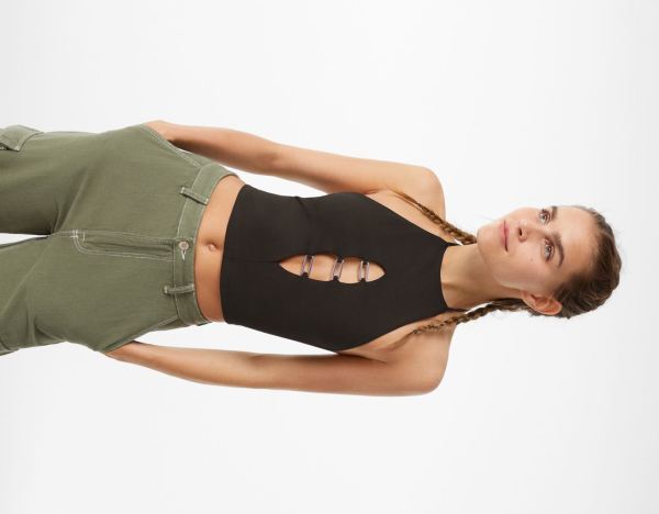 Black Women's Bershka Sleeveless Cut-out With Buckles Tops | rQKGPVIvsBP