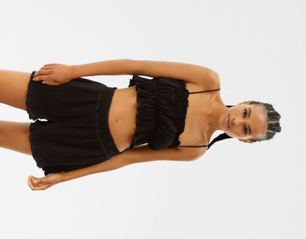 Black Women's Bershka Strappy Gathered Pleated Tops | K2DQb72lkfr