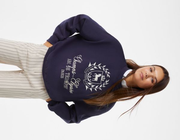 Blue Women's Bershka High Neck Embroidered Sweatshirts | I1WNUoxOhYF