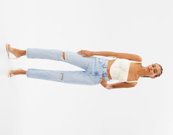 Blue Women's Bershka Ripped Mom Jeans | EAdiKPWh8L9