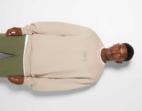 Brown Men's Bershka Oversize Crew Neck With Print Sweatshirts | JQEH5yMvyMz