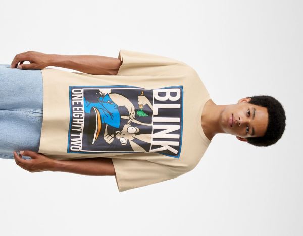 Brown Men's Bershka Oversize Short Sleeve Featuring Blink 182 Print T Shirts | gu3NeuTLa9U