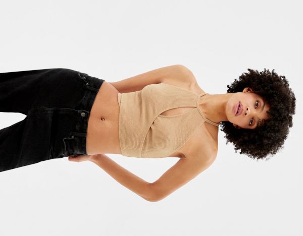 Brown Women's Bershka Crossed With Straps Tops | wEzxZmk5Vcm