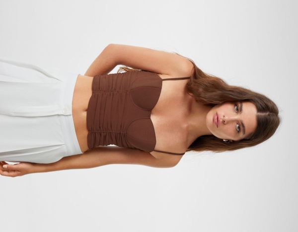 Brown Women's Bershka Gathered Chiffon-effect Corset Tops | Yc5xwHJx4Nk