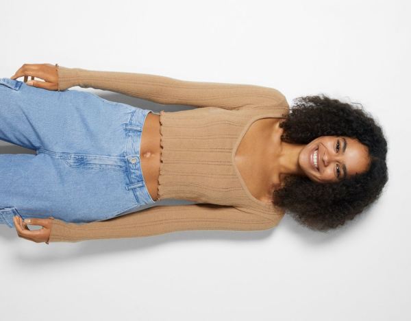 Brown Women's Bershka Long Sleeve Curly Cropped T Shirts | 1VNZQVqKDQx