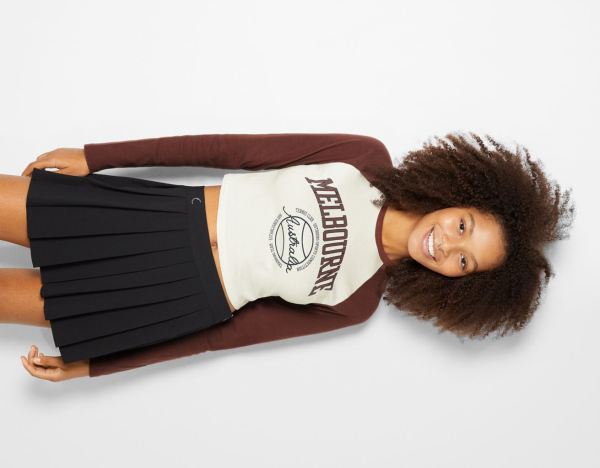 Brown Women's Bershka Printed With Long Raglan Sleeves T Shirts | JthcBj0WUGB