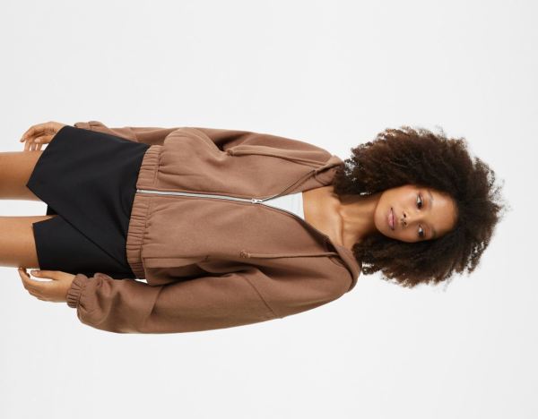 Brown Women's Bershka Zip-up Hoodie | fOoBTRkfUdw