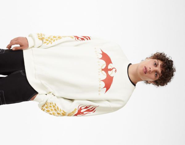 Cream Men's Bershka Oversize Crew Neck House Of Dragons Sweatshirts | 40sBbW8JJLk