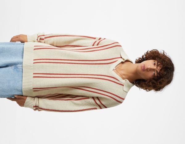 Cream Men's Bershka Vertical Stripe Polo Sweater Sweaters | KZirRYCaLfa