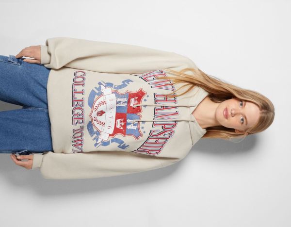 Cream Women's Bershka College Print Hoodie | oGEBsVK3omV