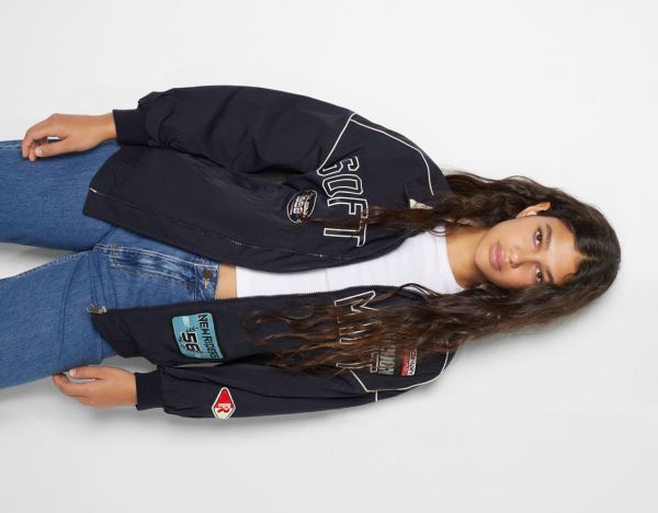 Dark Blue Women's Bershka Oversize Printed Bomber Jackets | Yuw06MMCR3c