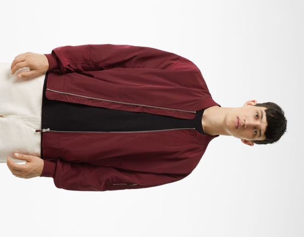 Dark Red Men's Bershka Lightweight Nylon-effect Bomber Jackets | jy3eLRpuMgo