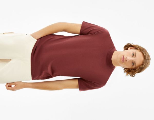 Dark Red Men's Bershka Slim-fit Short Sleeve Mock Neck T Shirts | cHZsfamxUnO