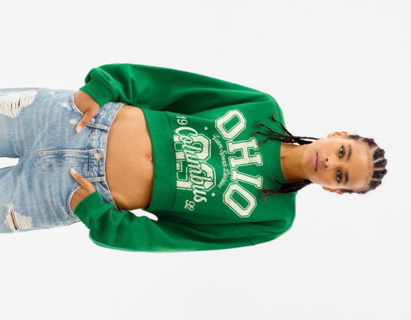 Green Women's Bershka Cropped Printed Sweatshirts | JA3mgz5vHiT