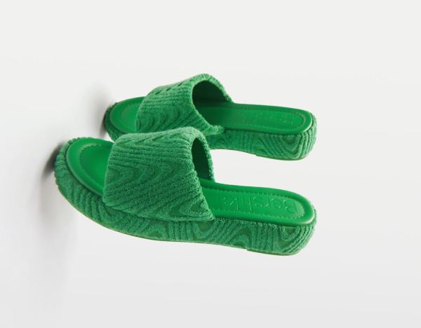 Green Women's Bershka Terrycloth Flat Sandals | ilFv8Ecgh4z