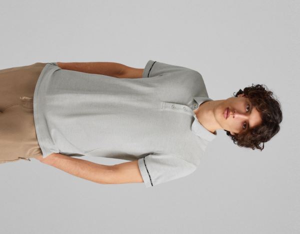 Grey Men's Bershka Short Sleeve Piqué Polo Shirt T Shirts | aNTeMWaCULi