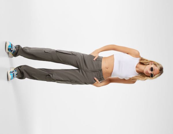 Grey Women's Bershka Twill Multi-pocket Cargo Pants | GjwyETFOPnM