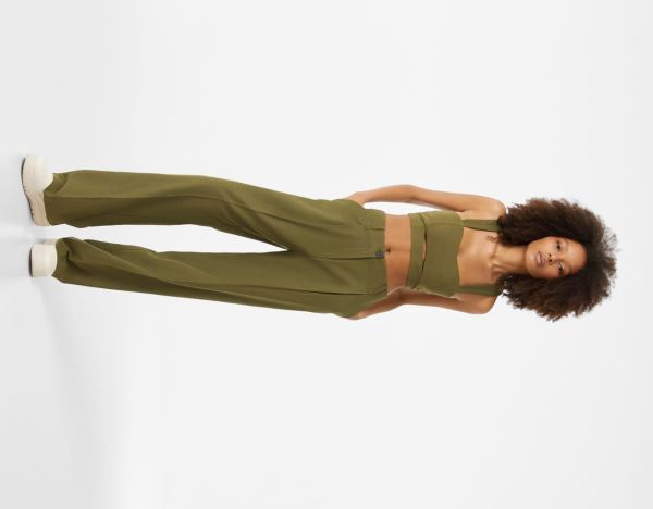 Khaki Women's Bershka Rustic Fabric Wide-leg Pants | ollr1iwnqOd