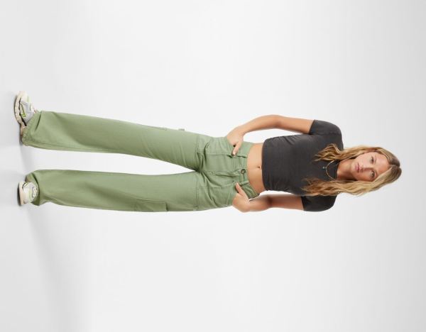 Khaki Women's Bershka Twill Pants Cargo | TDiSy14D8Vu