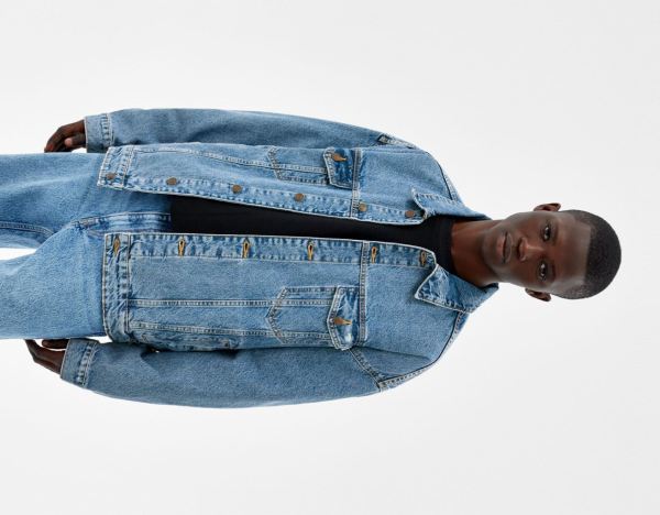 Light Blue Men's Bershka Oversized Denim Jackets | RbP99O9FGkK