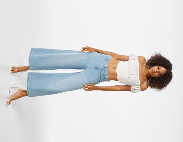 Light Blue Women's Bershka Denim Culottes Pants | CuPr1Wavi3y