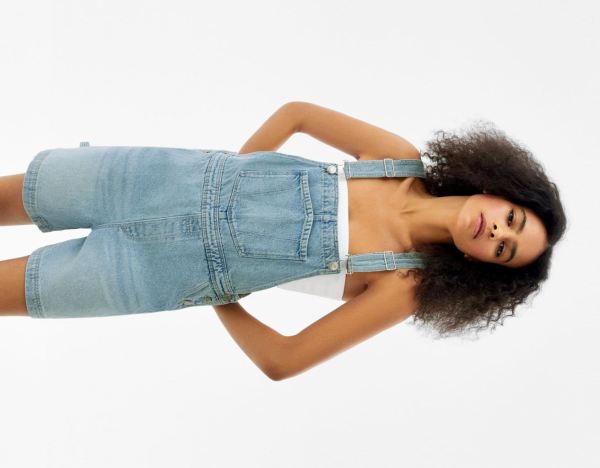 Light Blue Women's Bershka Denim Overalls With Carpenter Details Dress | AL451fHicUo