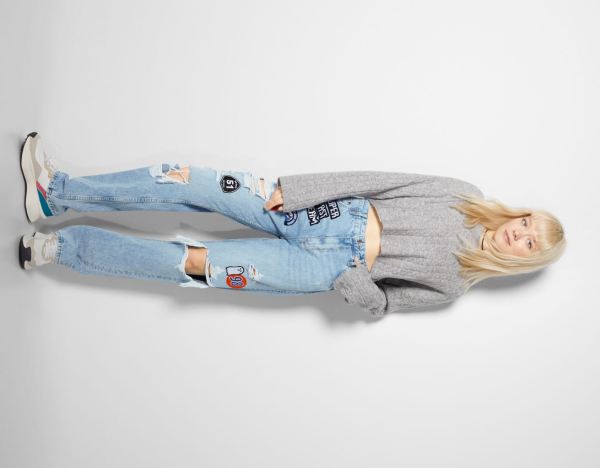 Light Blue Women's Bershka Ripped Straight Fit With Patches Jeans | y77HOYkAxfg