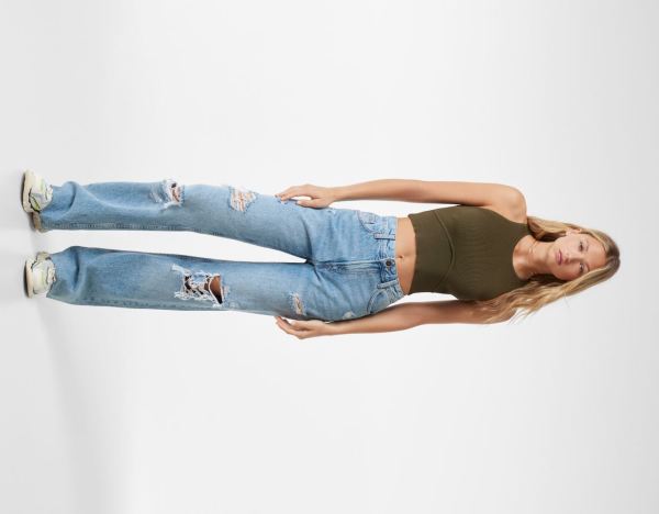 Light Blue Women's Bershka Ripped Wide-leg ’90s Jeans | 2gKrQKuN4yX