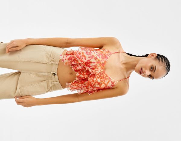 Orange Women's Bershka Ruffled Tulle With Crisscross Back Tops | Q0buGZqUdVS